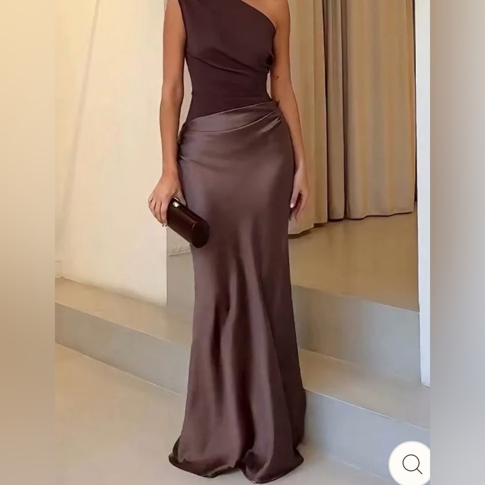 One-Shoulder Brown Draped Evening Gown
